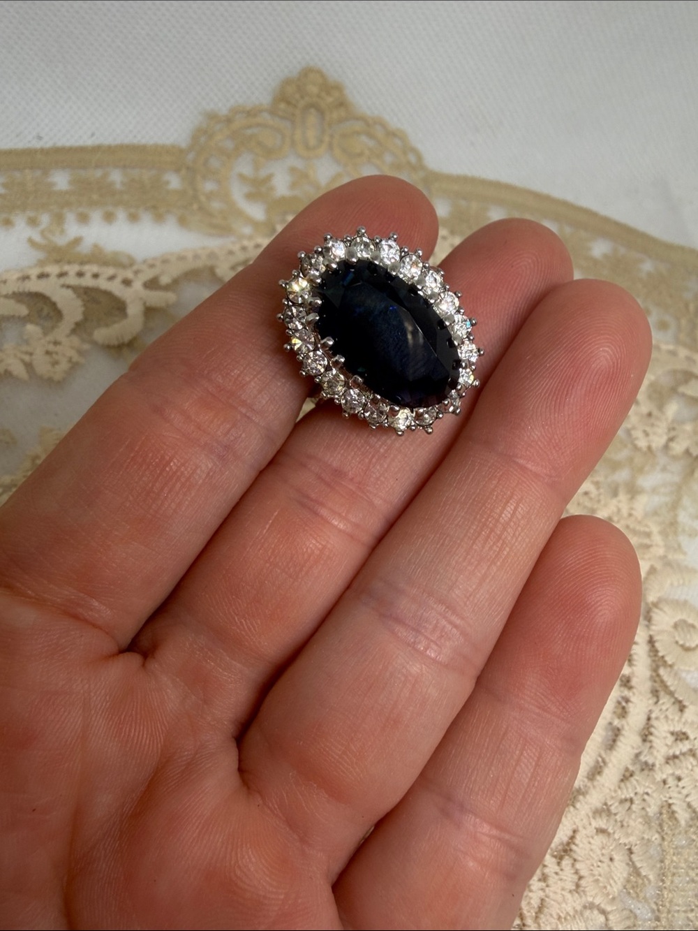 18K Gold Plated Created Blue Sapphire 6CT Halo Ring Sz 6 Estate Old Money Style - Picture 7 of 7